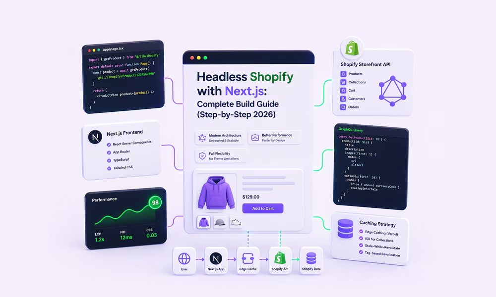 Headless Shopify Next.js architecture diagram showing Storefront API, App Router data layer, and cart mechanics