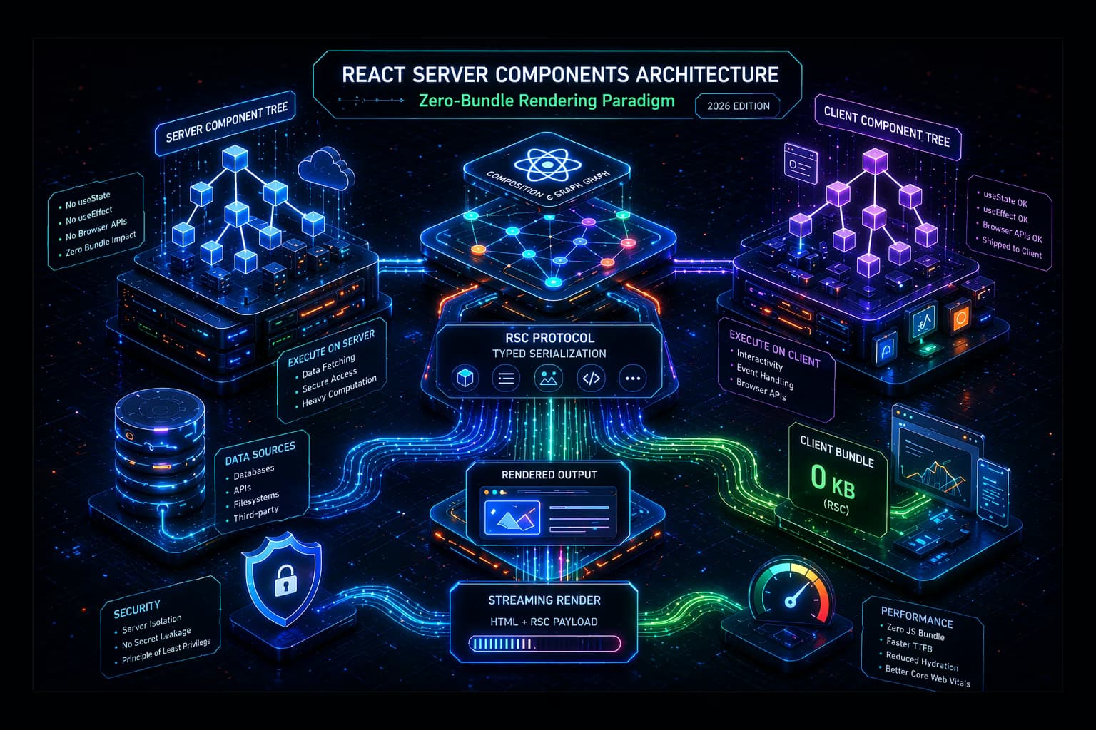 React Server Components architecture diagram - server and client component tree with RSC wire format