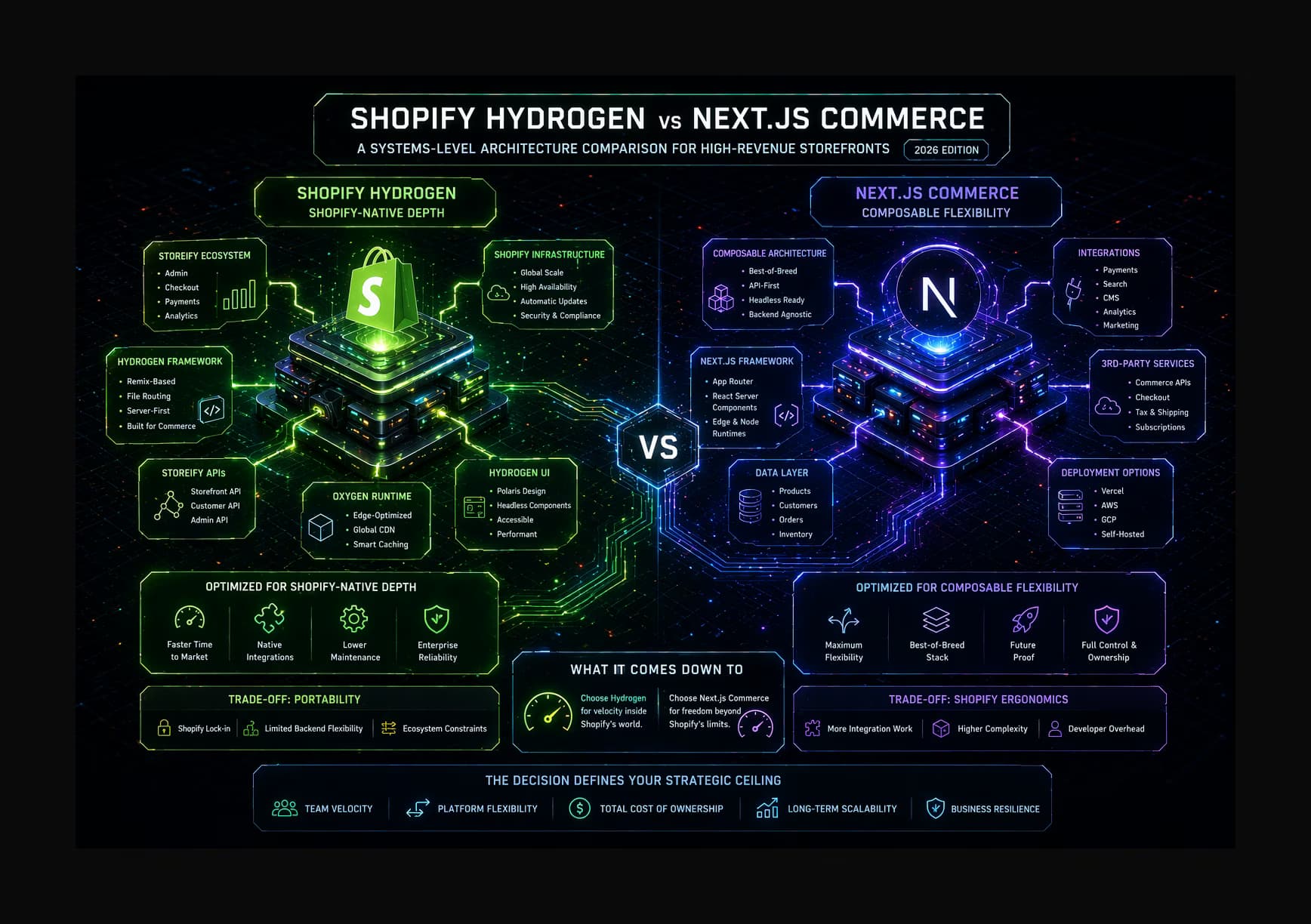 Архітектурна порівняльна діаграма Shopify Hydrogen та Next.js Commerce