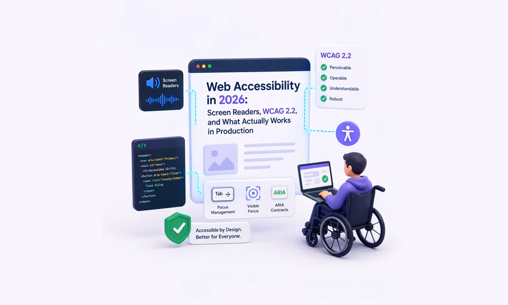 Web accessibility illustration: screen reader, keyboard navigation, WCAG 2.2 and ARIA roles diagram