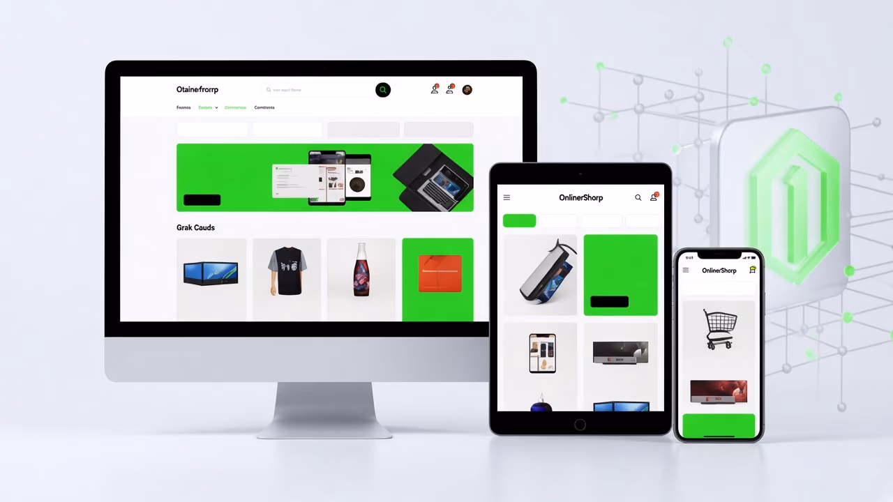 A headless storefront running on a Magento backend across desktop, tablet and mobile, with a product catalogue, a product page and a cart, connected to the backend through a GraphQL API layer