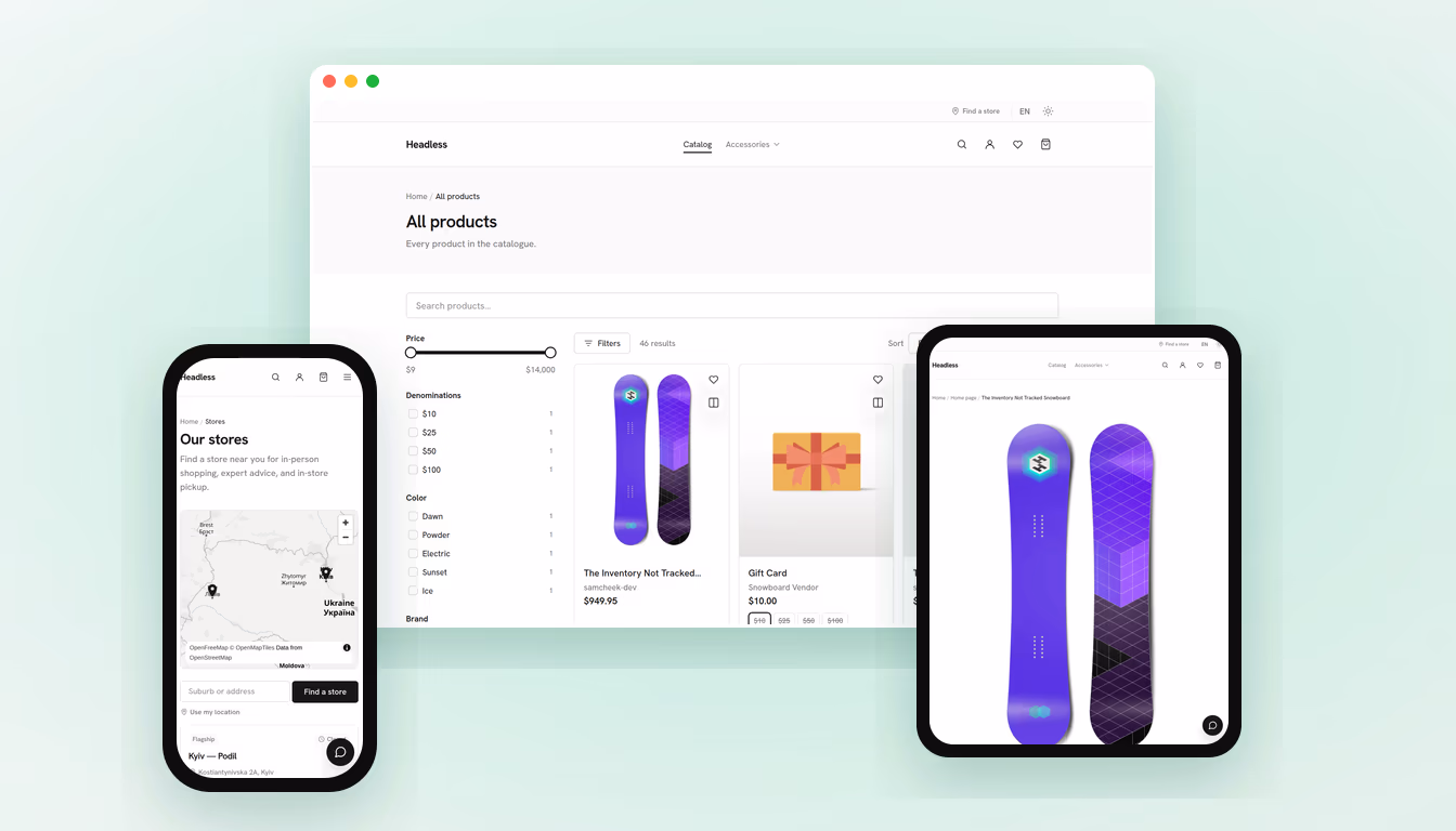 The live headless demo storefront across desktop, tablet and mobile, a product catalogue, a product page and a store locator, all running on a Shopify or Magento backend