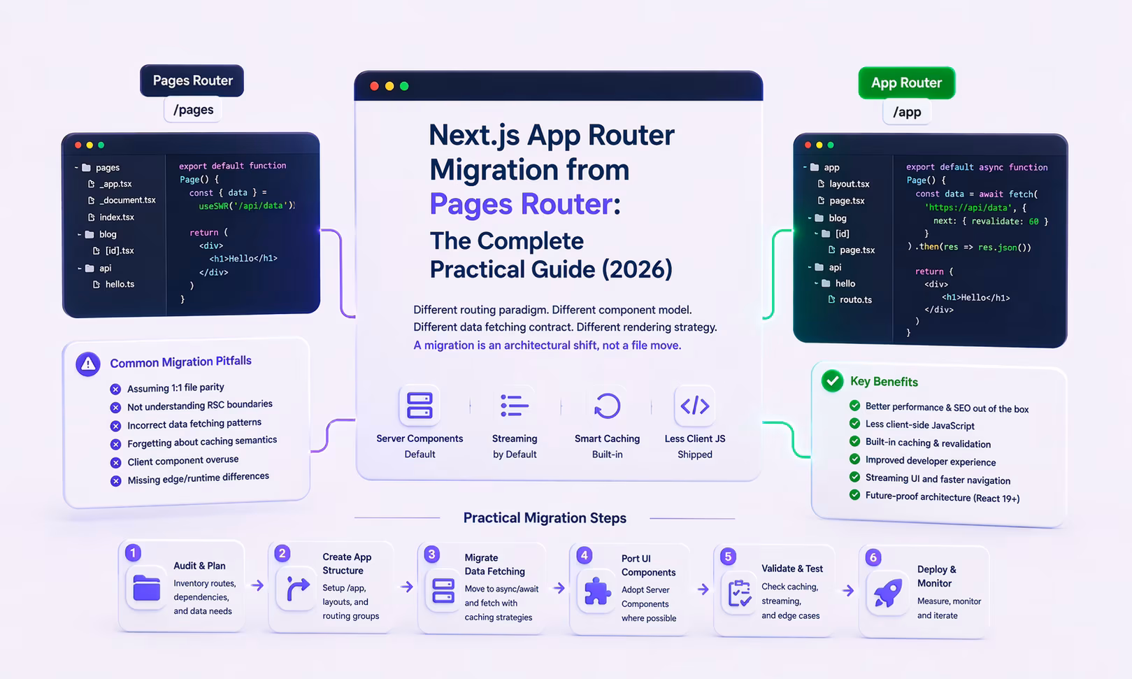 Архитектурная диаграмма миграции Next.js - Pages Router vs App Router
