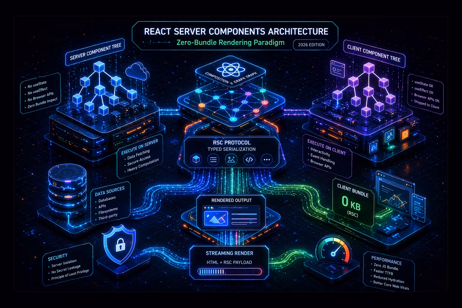 React Server Components architecture diagram - server and client component tree with RSC wire format