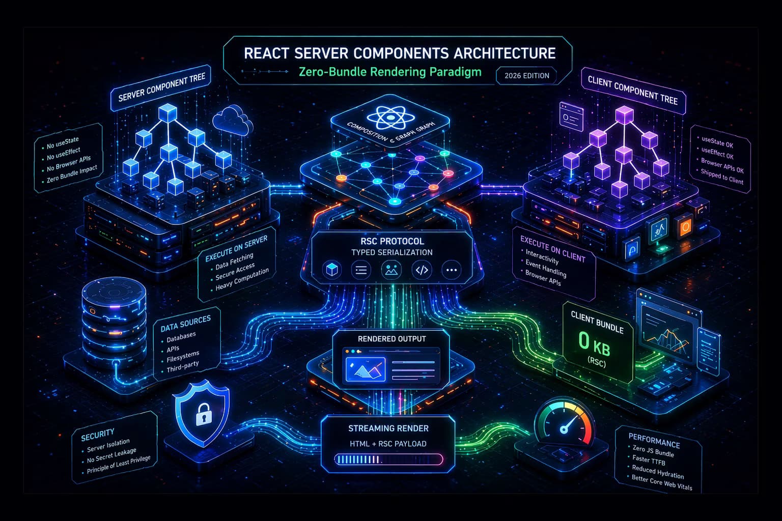 Архитектурная диаграмма React Server Components - серверное и клиентское деревья с RSC wire-форматом