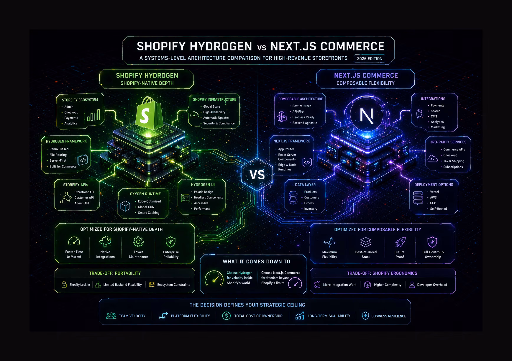 Архитектурная сравнительная диаграмма Shopify Hydrogen и Next.js Commerce