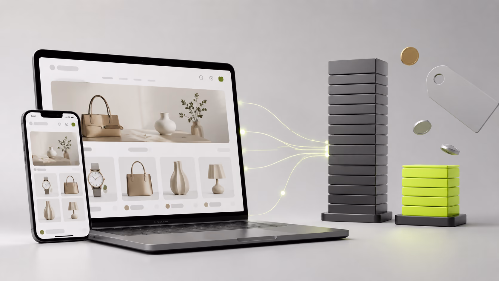 A headless Shopify storefront on a laptop and phone beside a tall stack of blocks and a shorter green stack, a cost comparison for building a headless store